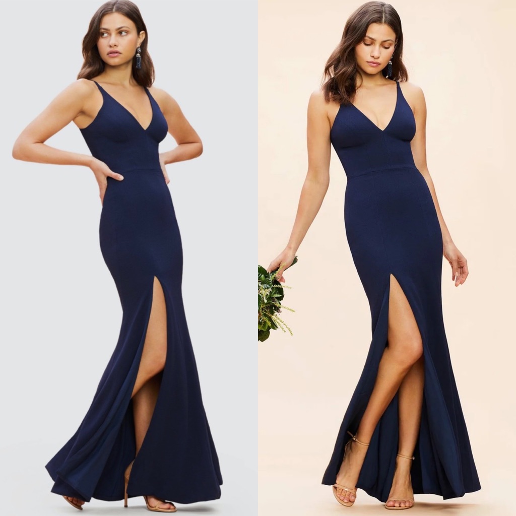 Dress The Population Iris V-Neck Side Slit Gown Size M Medium Midnight Blue